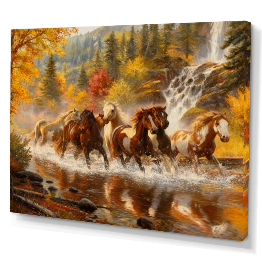 Autumn River Crossing horse wall art, angled canvas mockup on a white background.