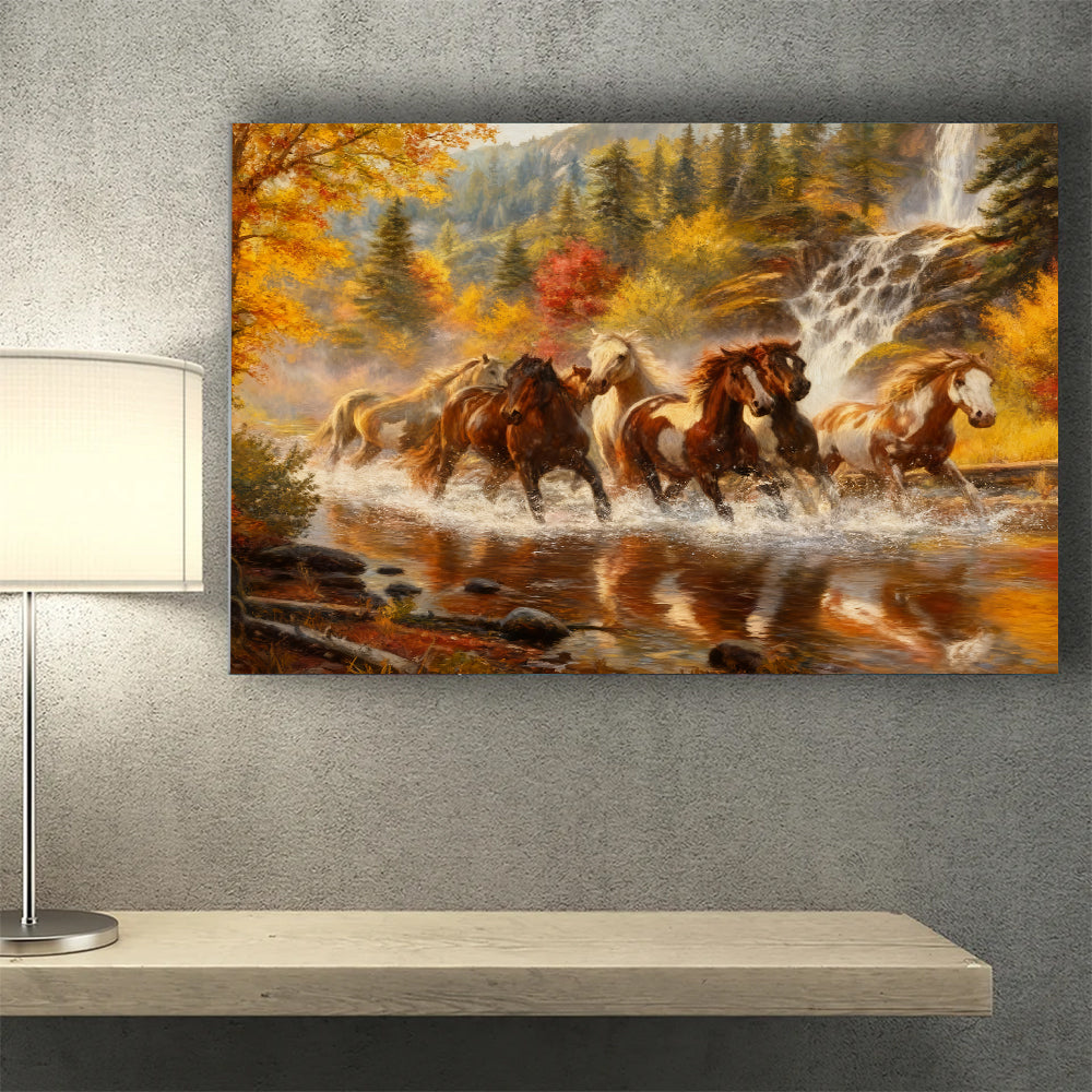 Autumn River Crossing horse wall art, styled above a desk.
