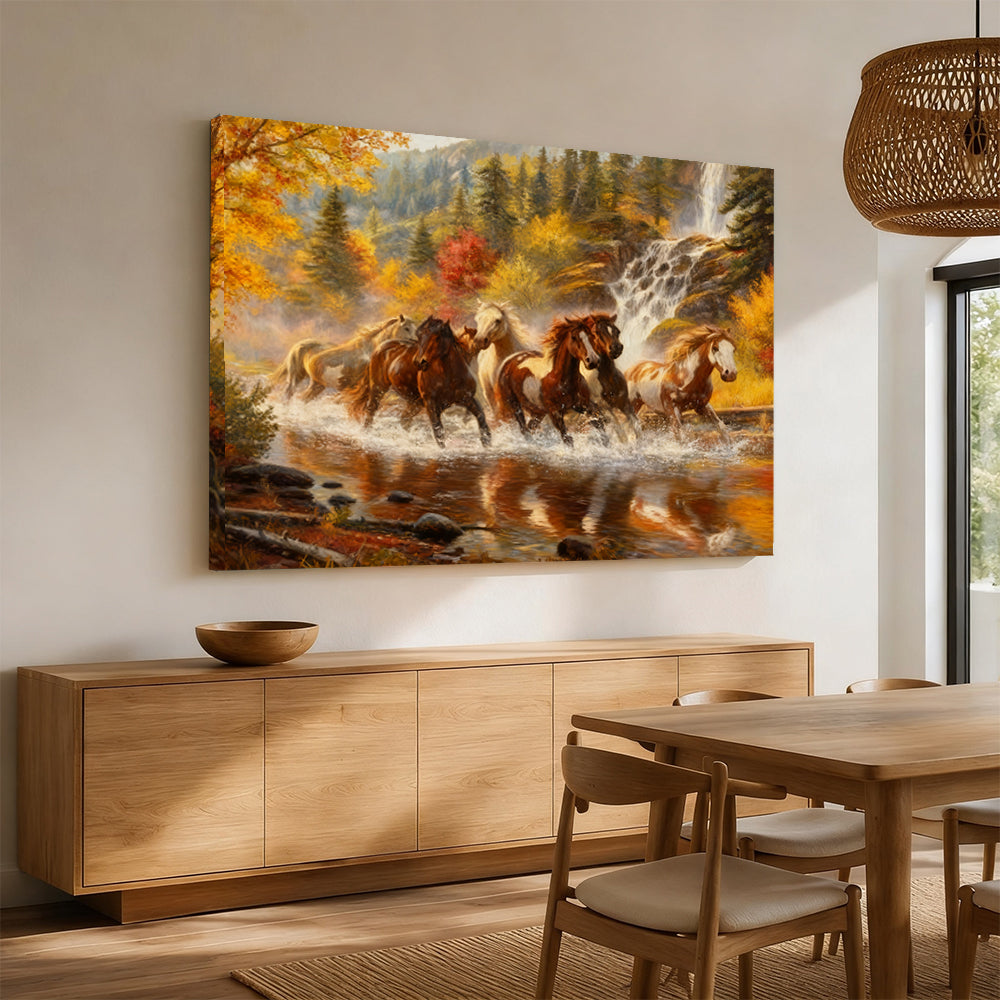 Autumn River Crossing horse wall art, displayed above a wooden sideboard.