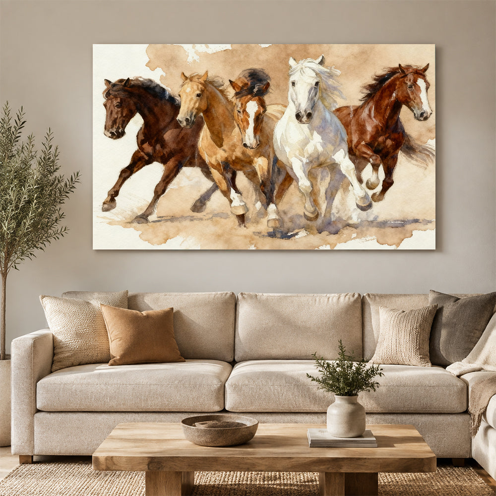 Four in Harmony horse wall art, displayed above a neutral sofa.