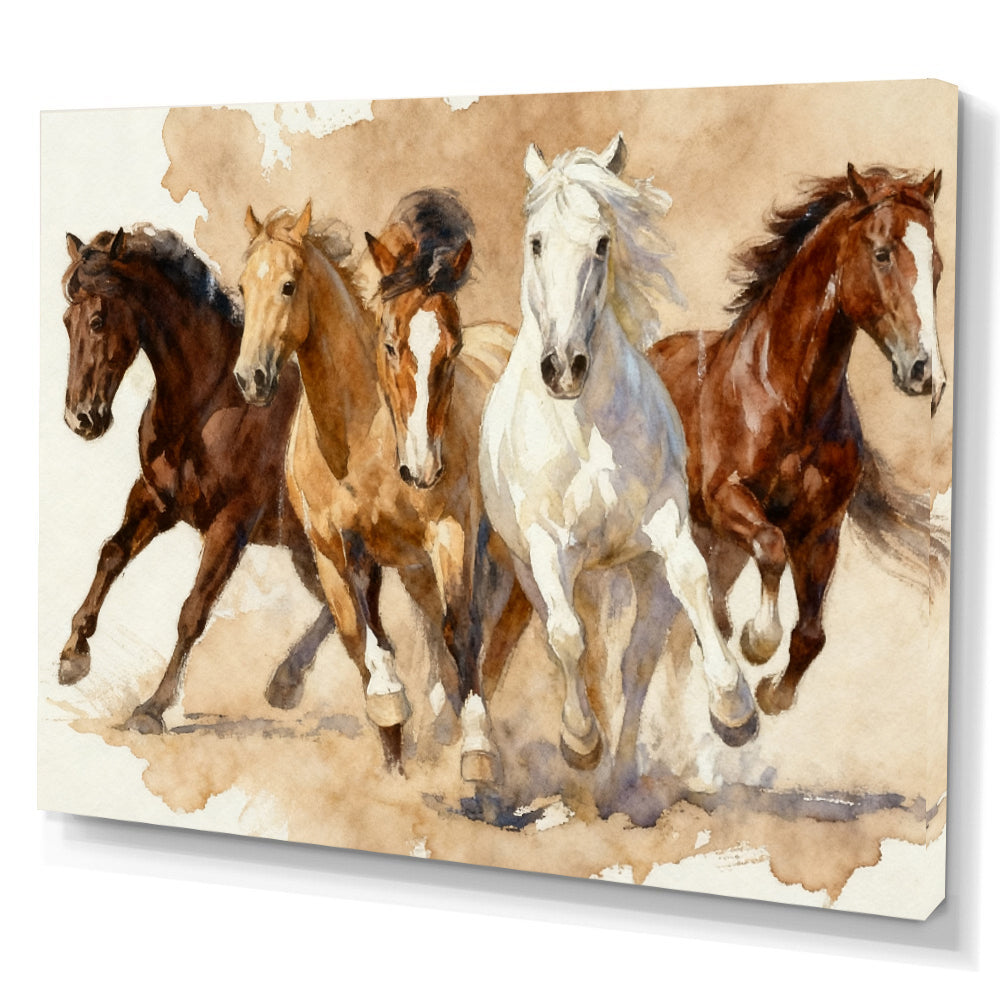 Four in Harmony horse wall art, angled canvas mockup on a white background.