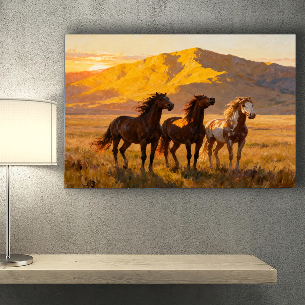 Golden Plains horse wall art, styled above a desk.