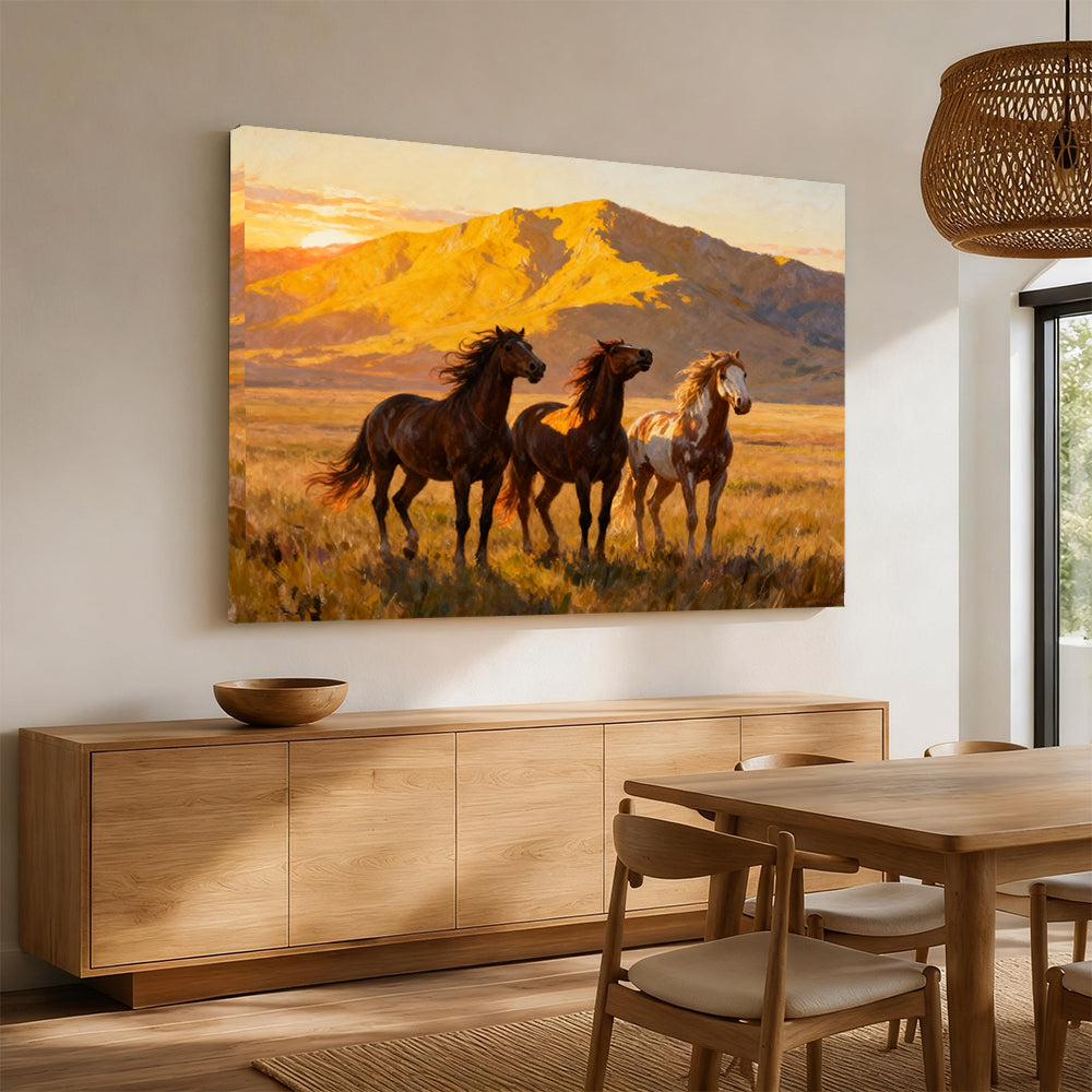 Golden Plains horse wall art, displayed above a wooden sideboard.