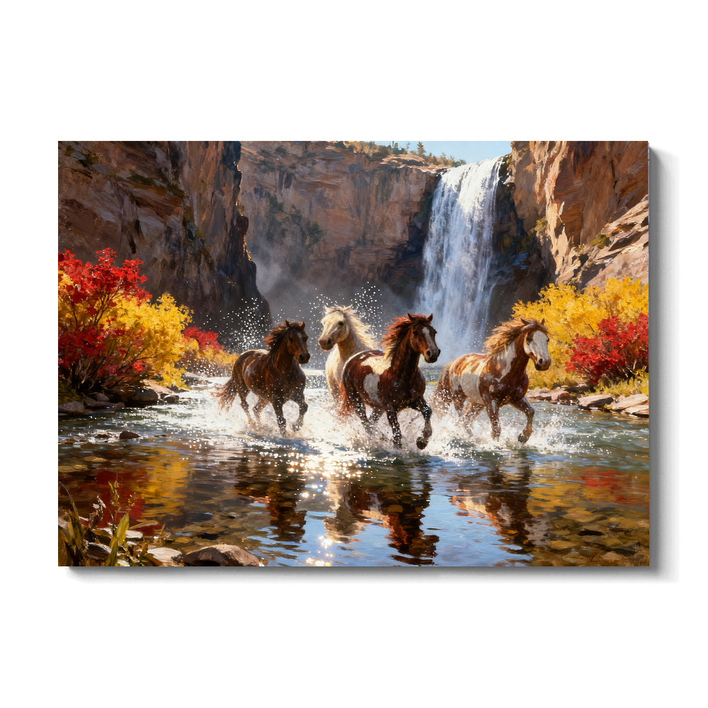 Waterfall Run horse wall art, front view on a white background.