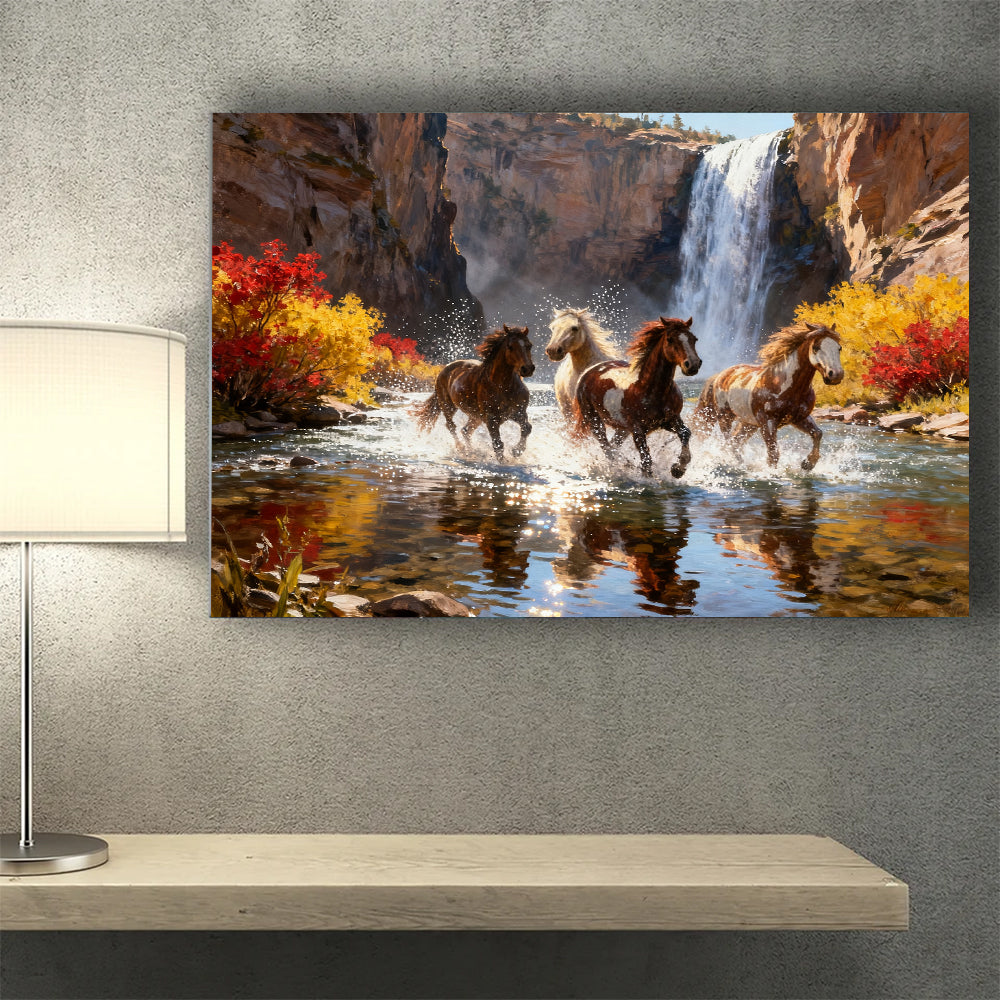 Waterfall Run horse wall art, styled above a desk.