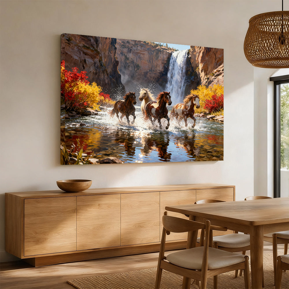 Waterfall Run horse wall art, displayed above a wooden sideboard.