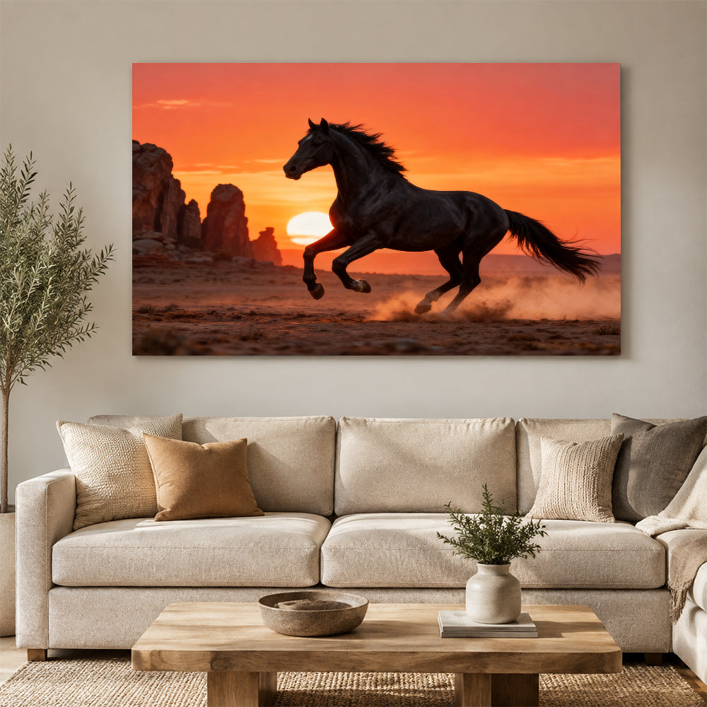 Desert Sundown horse wall art, displayed above a neutral sofa.
