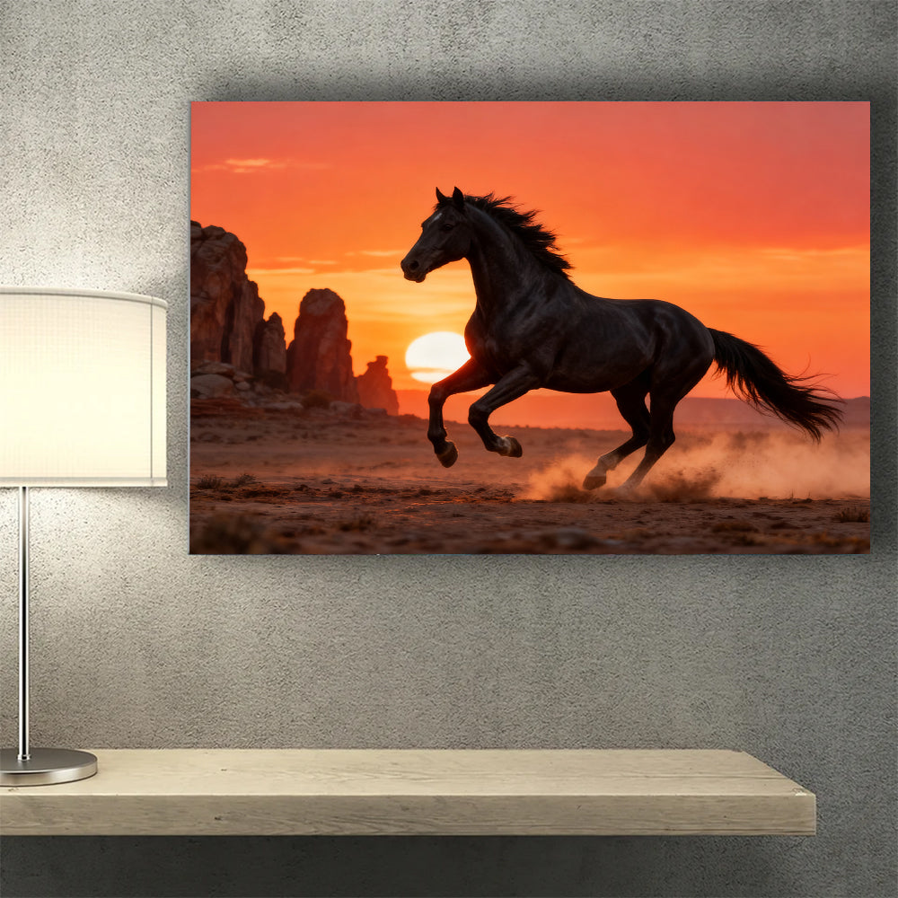 Desert Sundown horse wall art, styled above a desk.