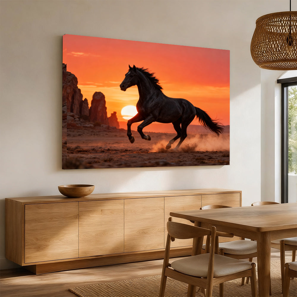 Desert Sundown horse wall art, displayed above a wooden sideboard.