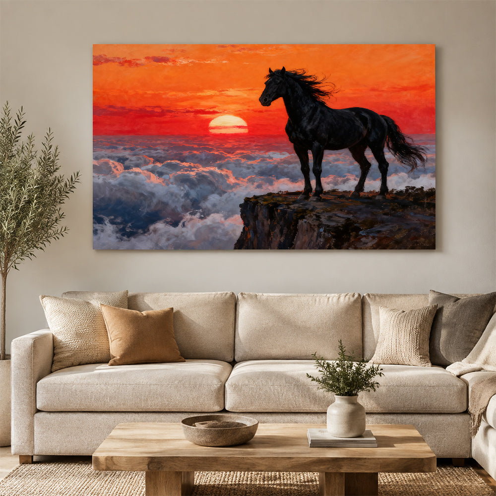 Above the Clouds horse wall art, displayed above a neutral sofa.