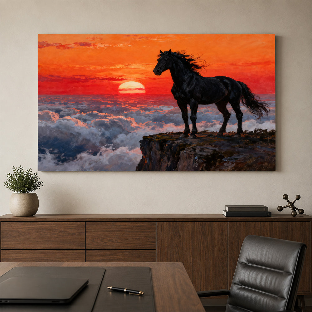 Above the Clouds horse wall art, styled above a console with a chair.