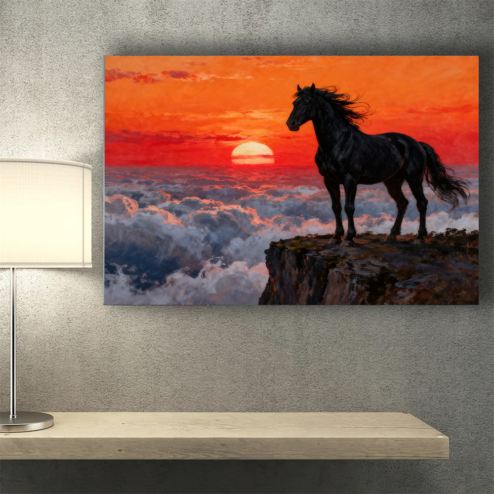 Above the Clouds horse wall art, styled above a desk.