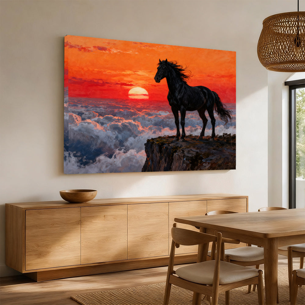 Above the Clouds horse wall art, displayed above a wooden sideboard.