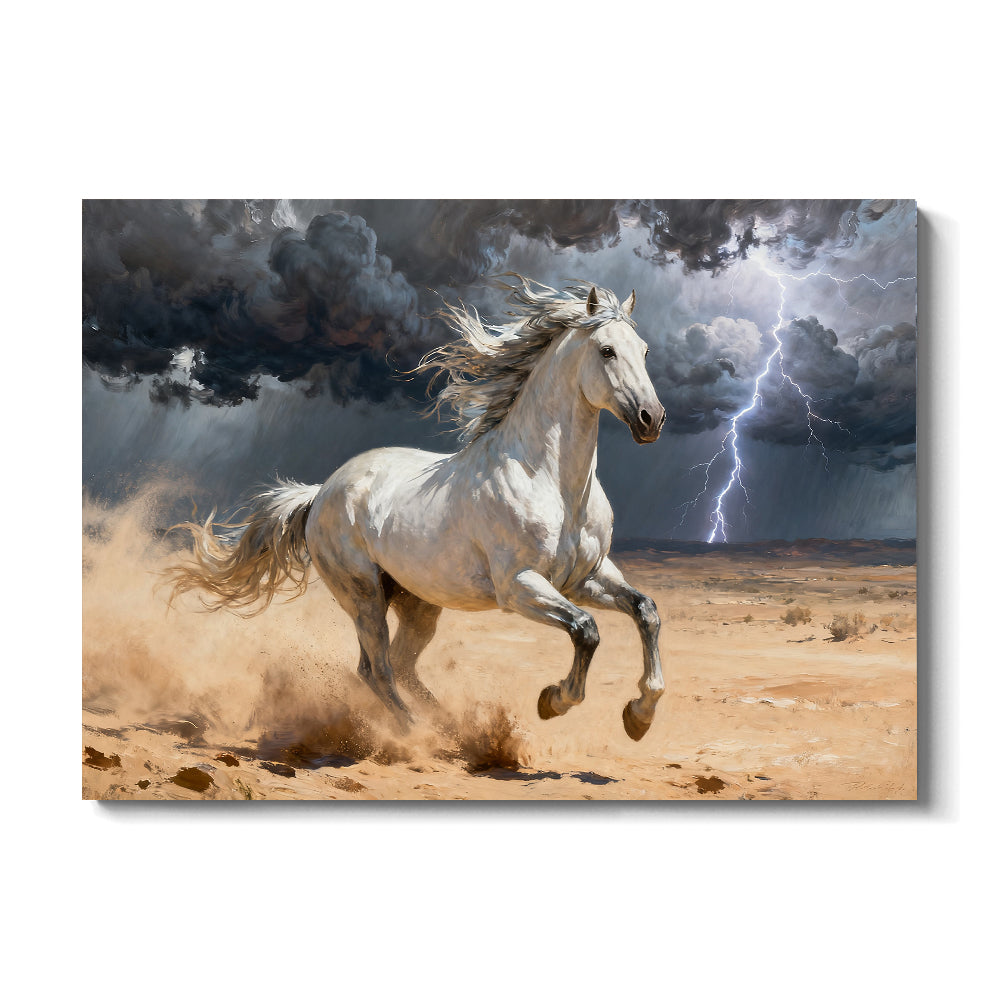 White Horse in the Storm horse wall art, front view on a white background.