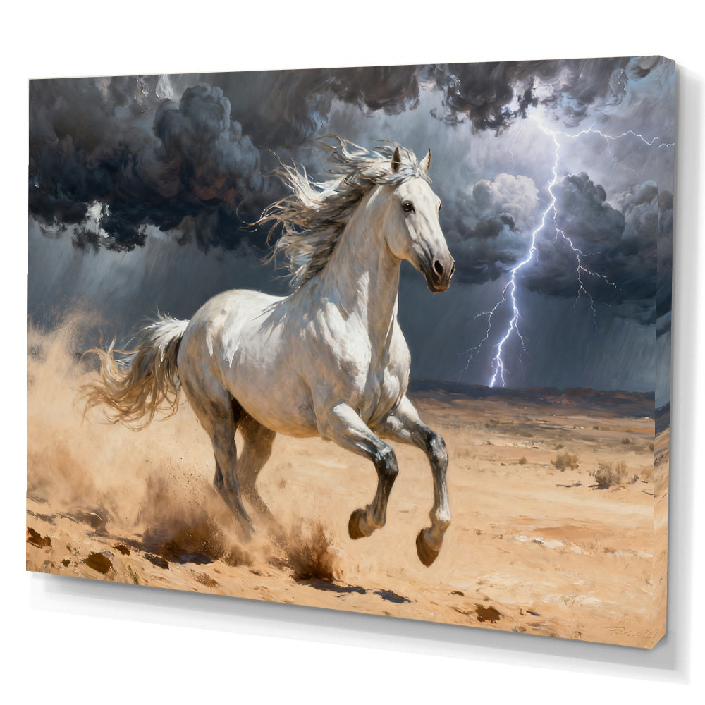 White Horse in the Storm horse wall art, angled canvas mockup on a white background.