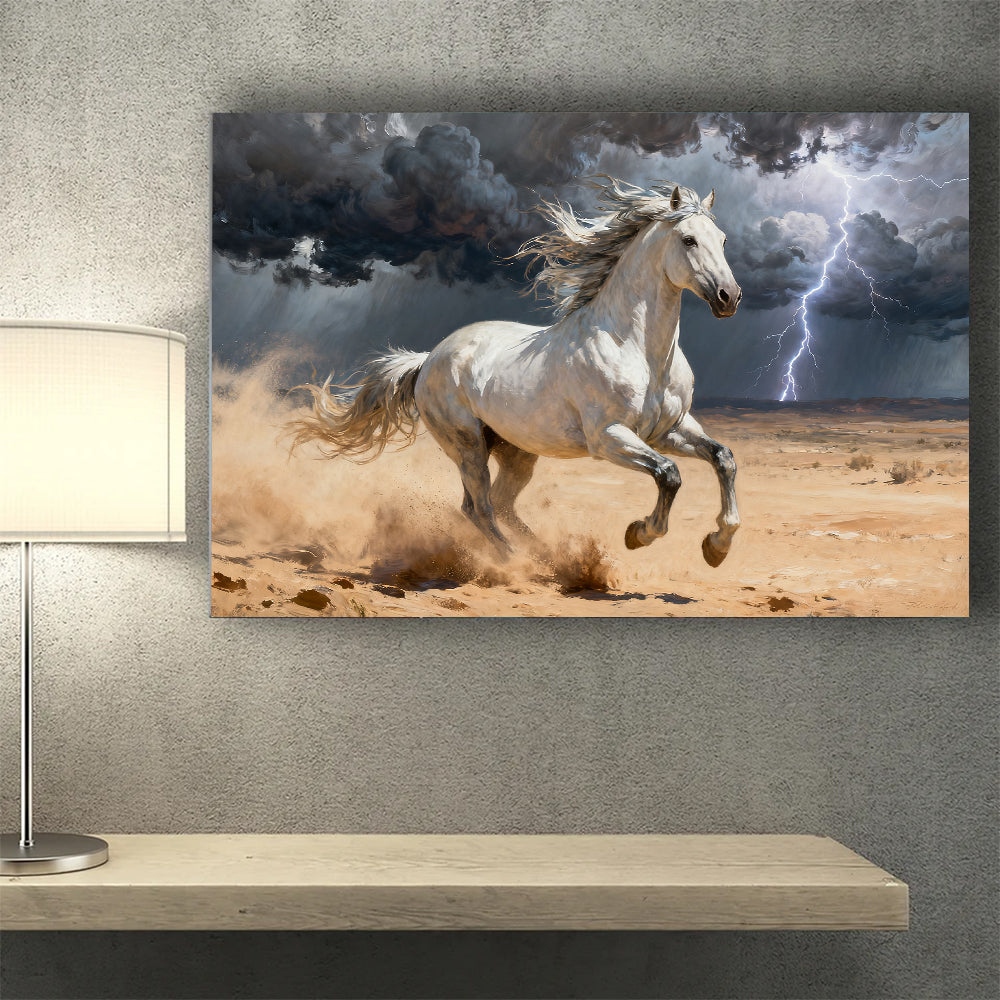White Horse in the Storm horse wall art, styled above a desk.
