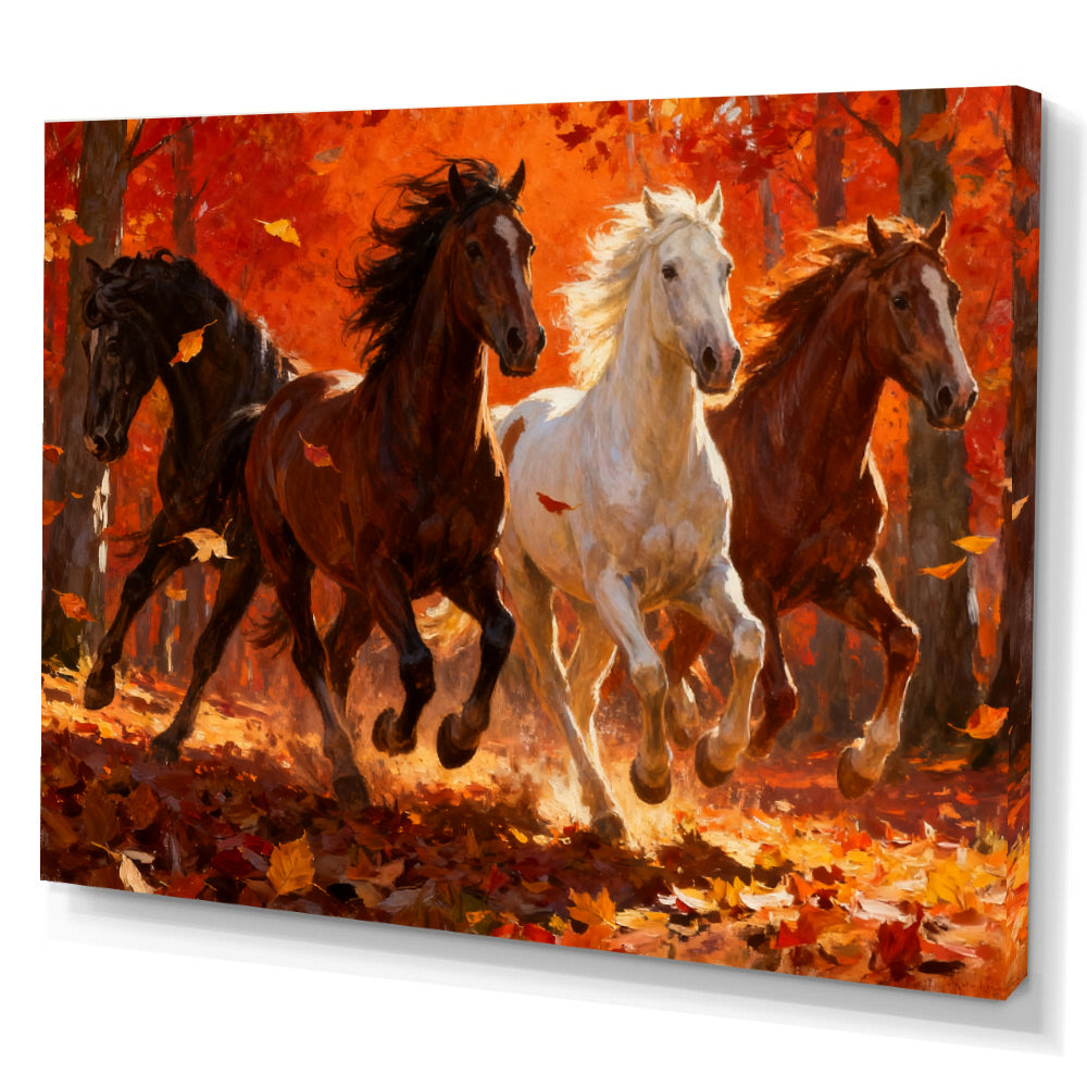 Autumn Blaze Herd horse wall art, angled canvas mockup on a white background.