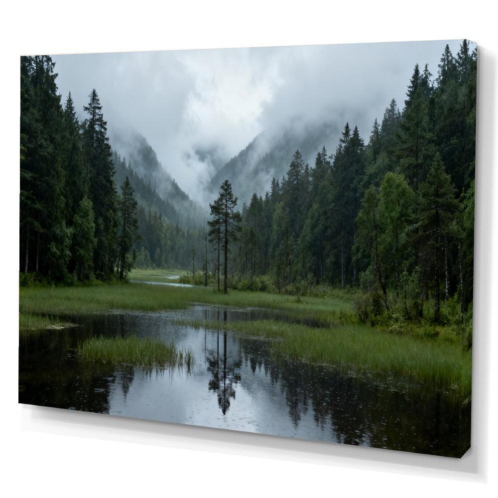 Misty Forest Lake canvas wall art, angled canvas mockup on a white background.
