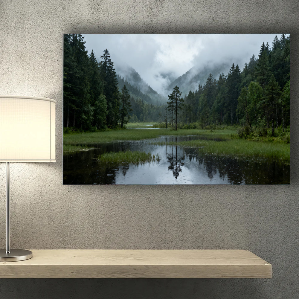 Misty Forest Lake canvas wall art, wall mockup above a console.