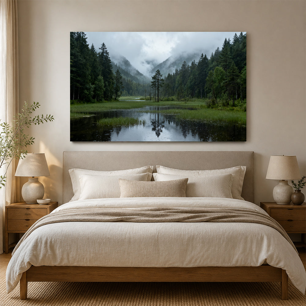 Misty Forest Lake canvas wall art, bedroom mockup above a bed.