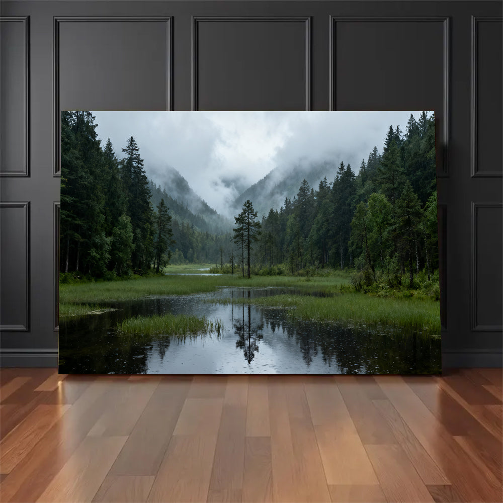 Misty Forest Lake canvas wall art, floor display against a dark wall.