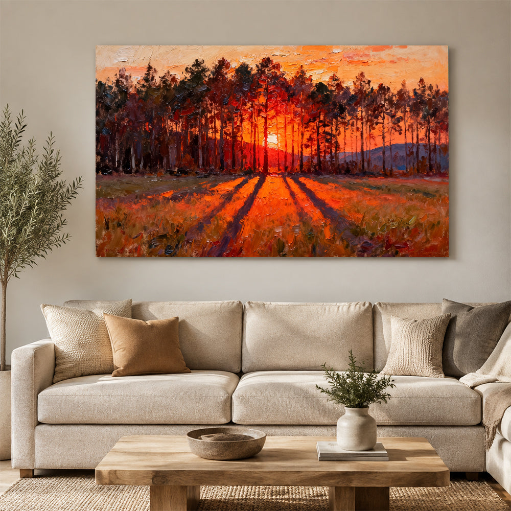 Ember Pine Sunset canvas wall art, living room mockup above a sofa.