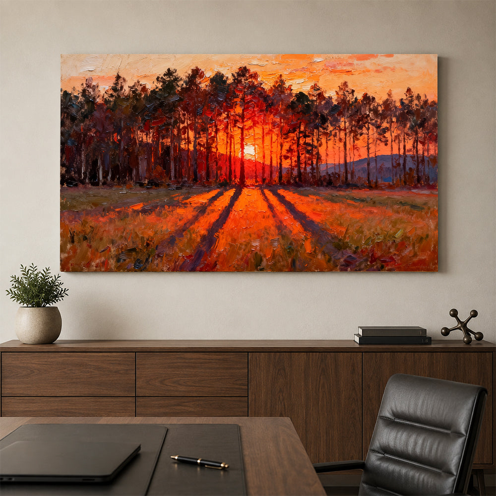 Ember Pine Sunset canvas wall art, office mockup above a desk.