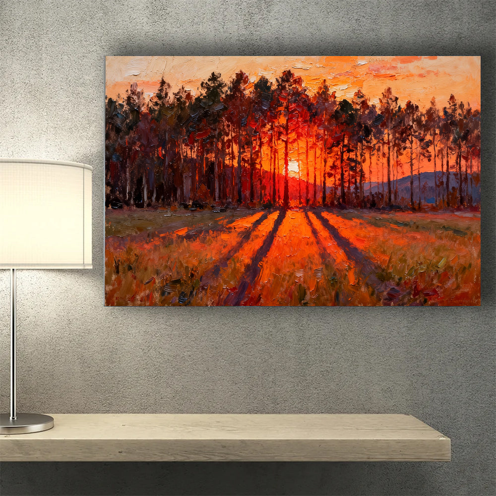 Ember Pine Sunset canvas wall art, wall mockup above a console.