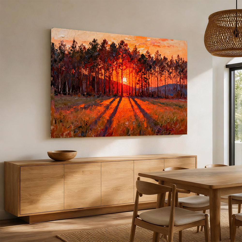 Ember Pine Sunset canvas wall art, angled mockup above a sideboard.