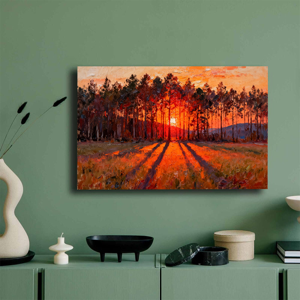 Ember Pine Sunset canvas wall art, mockup on a green wall.