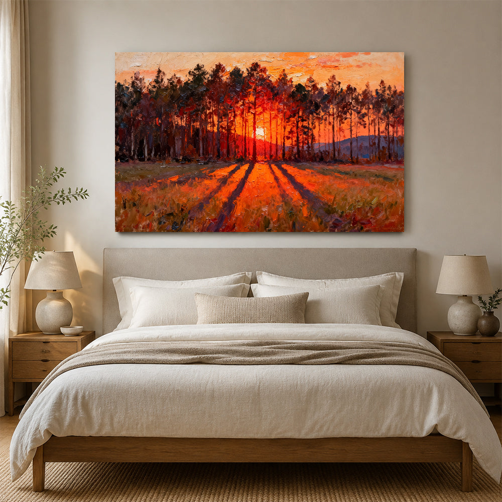 Ember Pine Sunset canvas wall art, bedroom mockup above a bed.