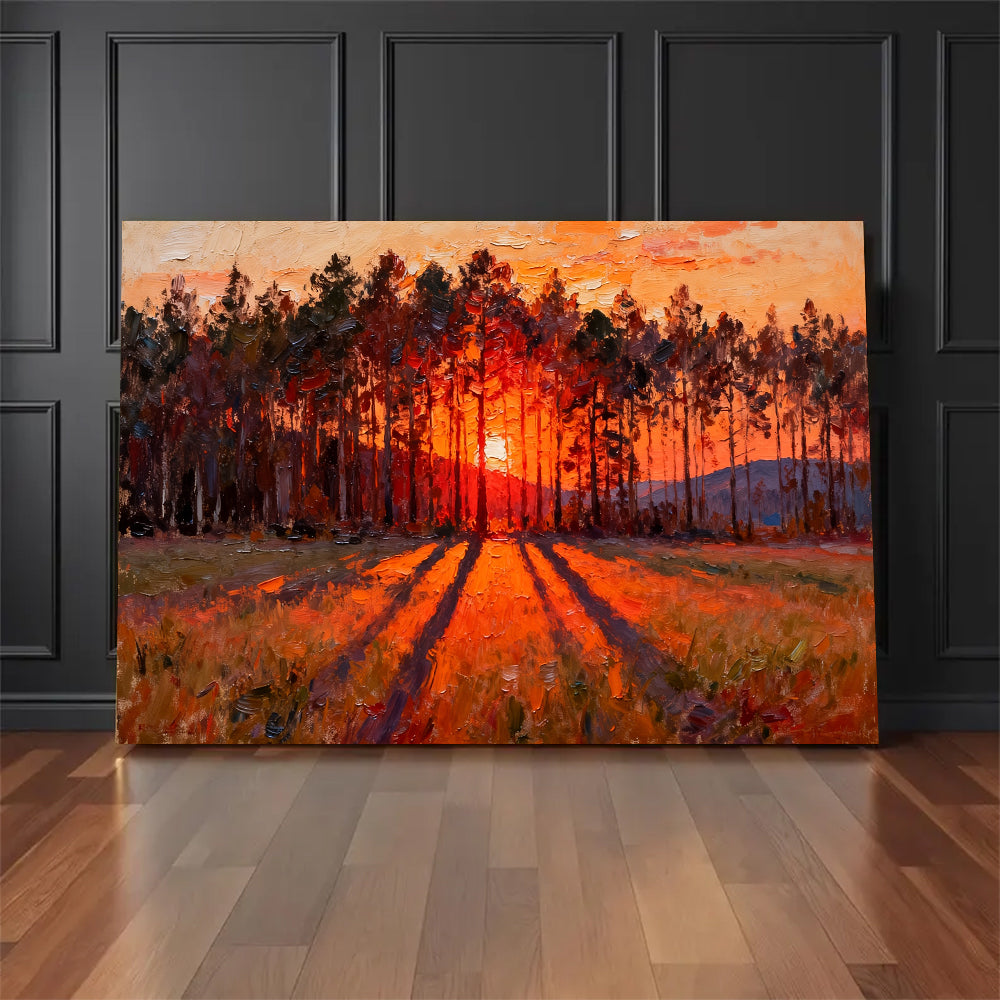 Ember Pine Sunset canvas wall art, floor display against a dark wall.