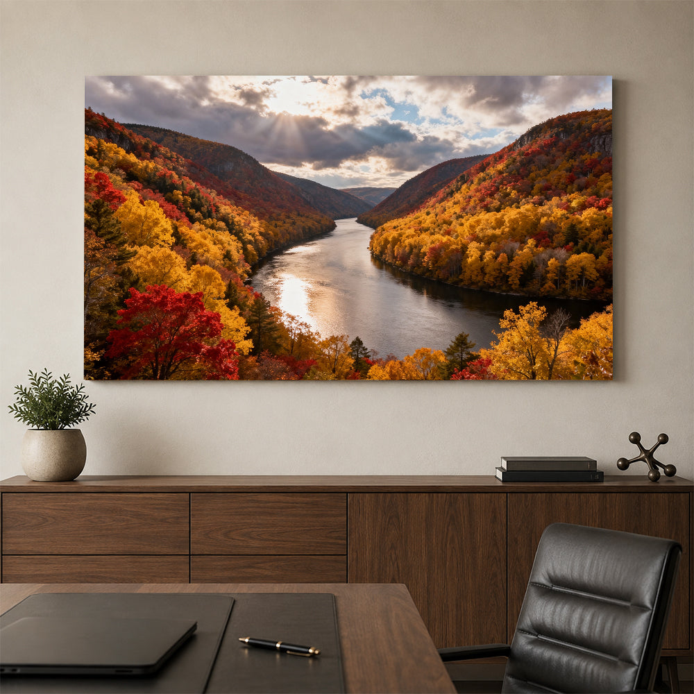 Autumn River Bend canvas wall art, office mockup above a desk.
