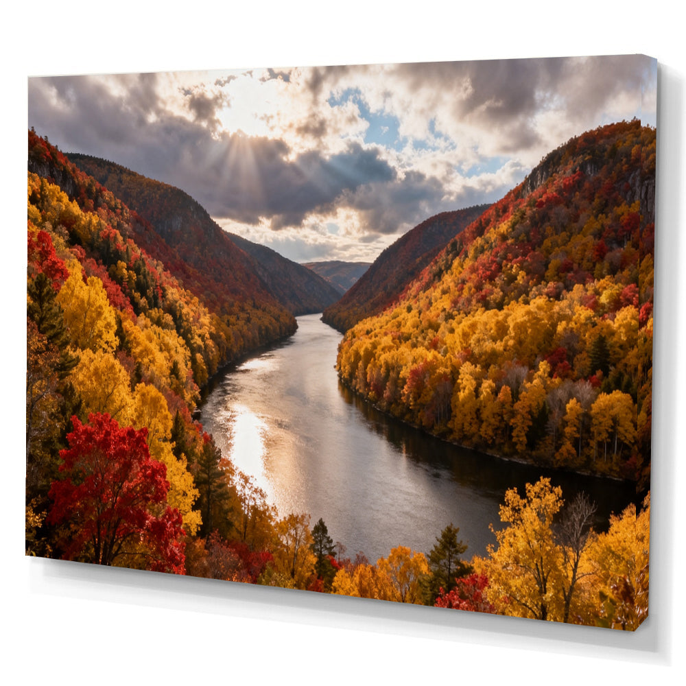 Autumn River Bend canvas wall art, angled canvas mockup on a white background.