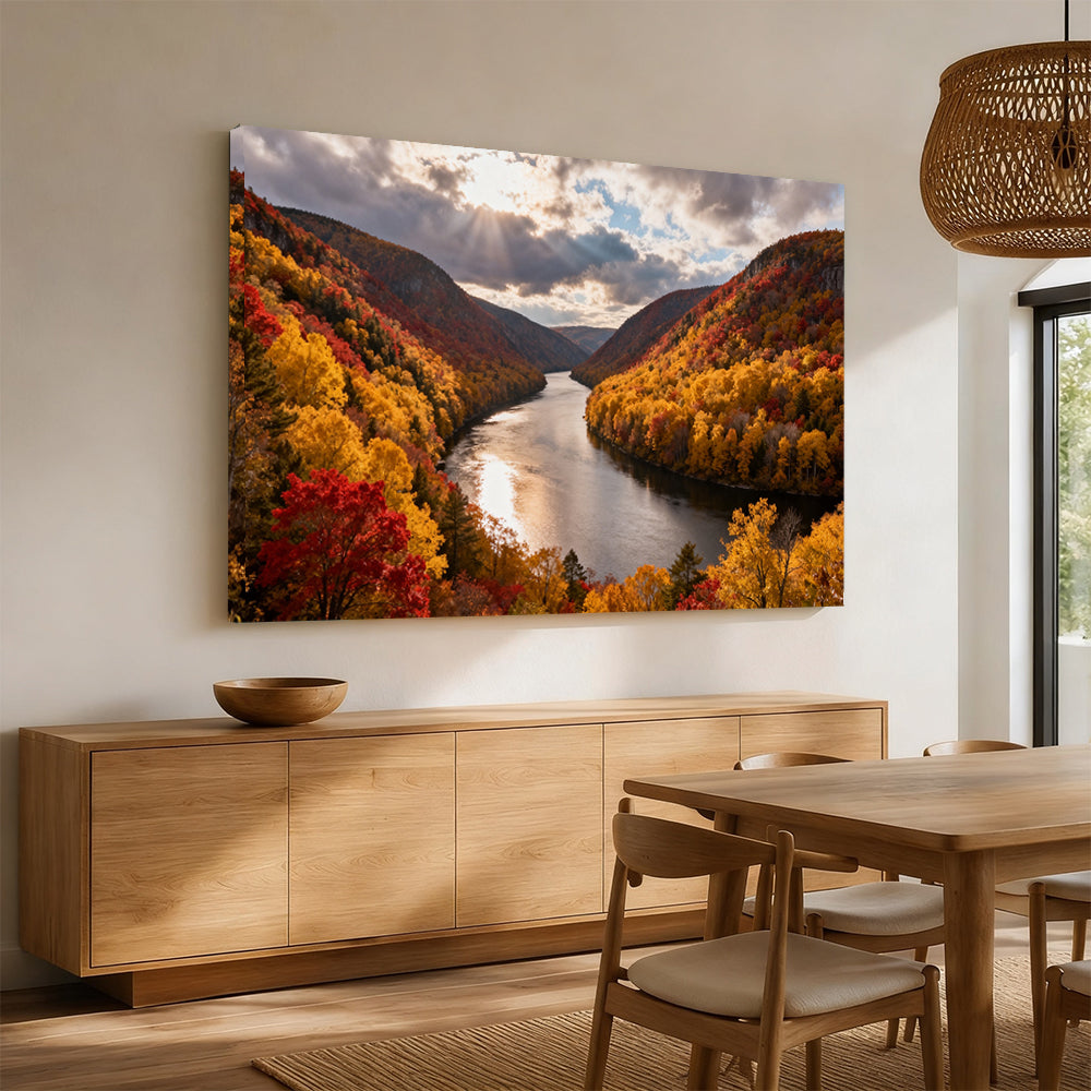 Autumn River Bend canvas wall art, angled mockup above a sideboard.