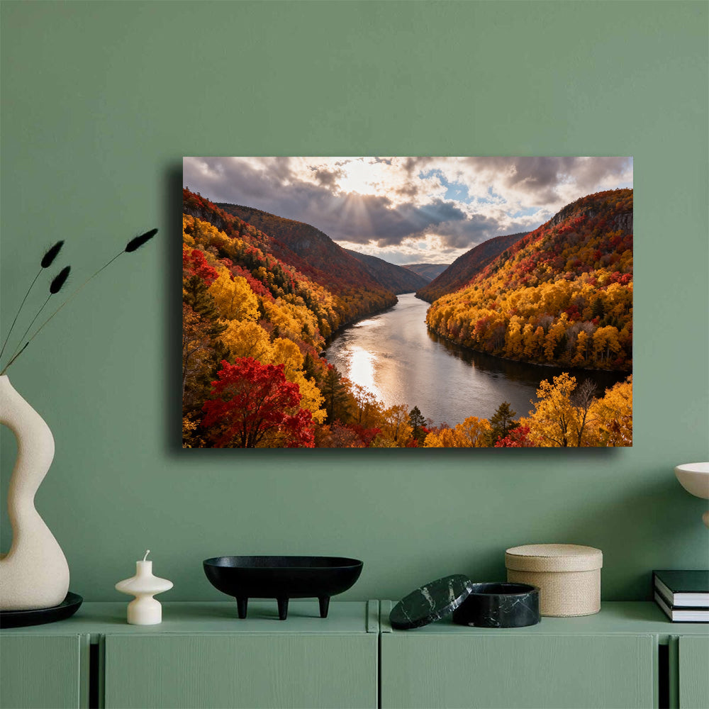 Autumn River Bend canvas wall art, mockup on a green wall.