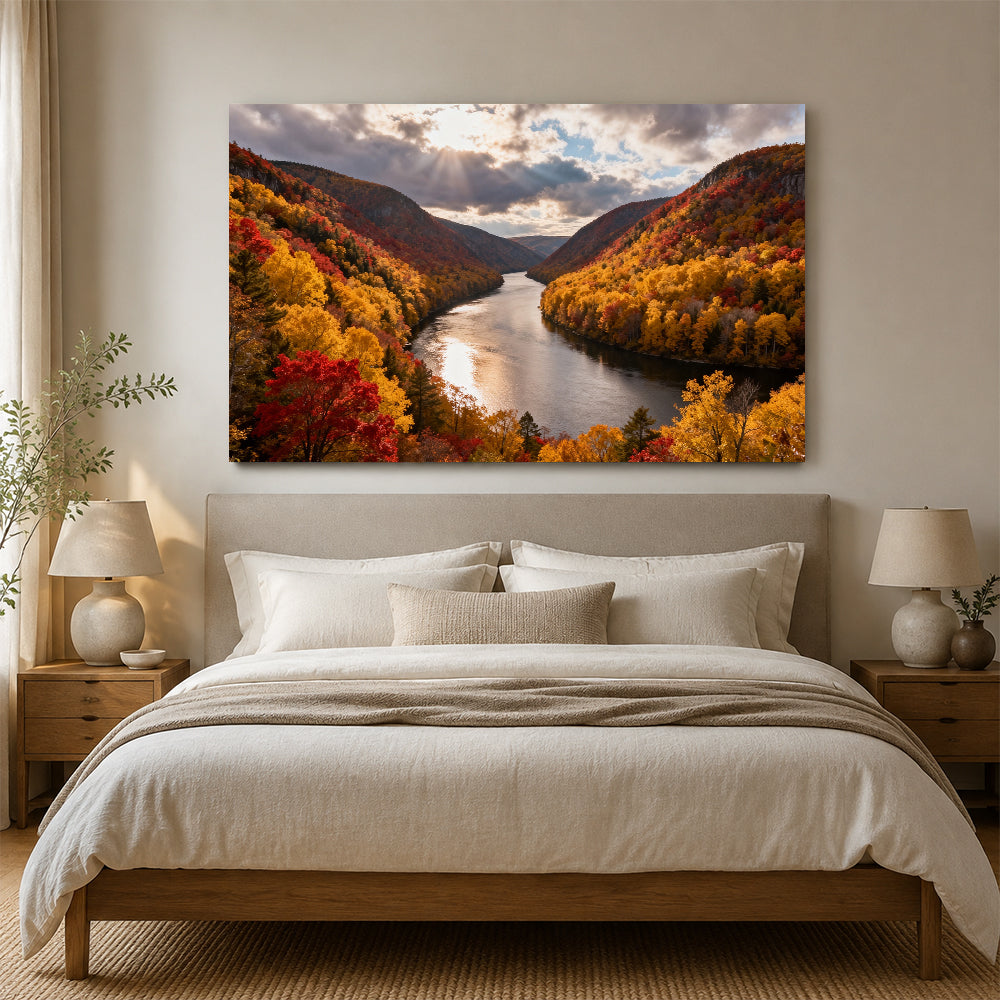 Autumn River Bend canvas wall art, bedroom mockup above a bed.