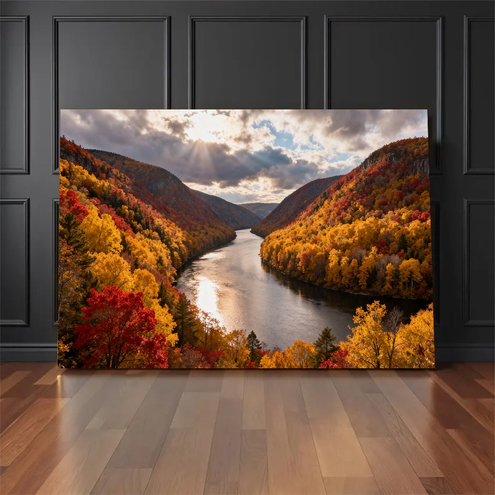 Autumn River Bend canvas wall art, floor display against a dark wall.