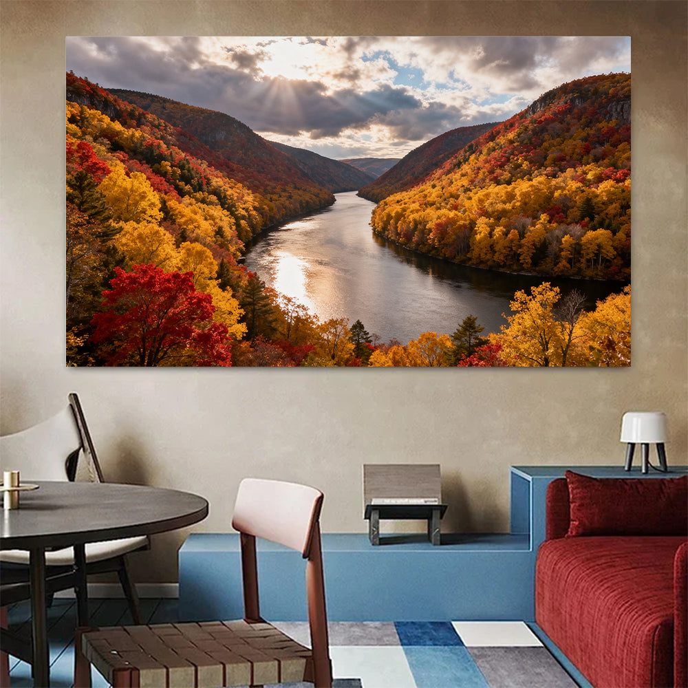 Autumn River Bend canvas wall art, colorful room mockup.