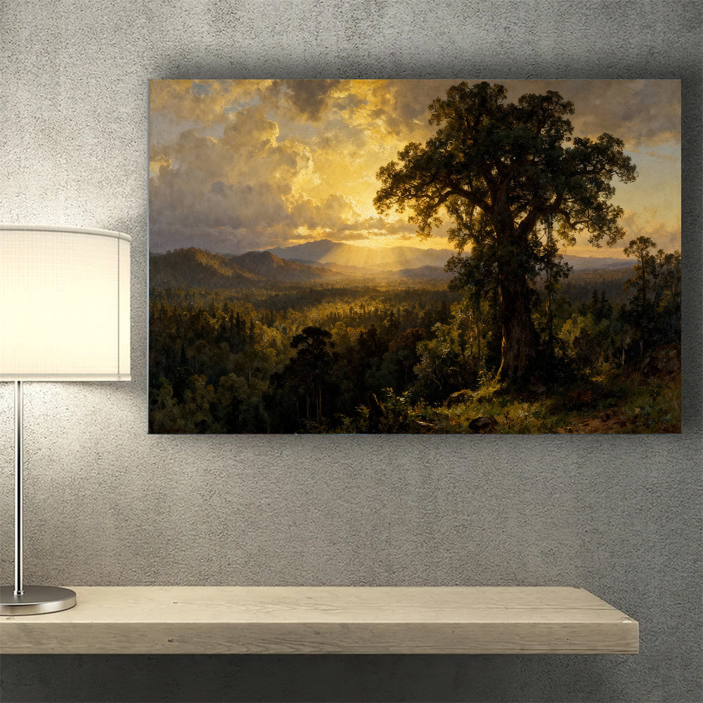 Golden Evening Oak canvas wall art, wall mockup above a console.