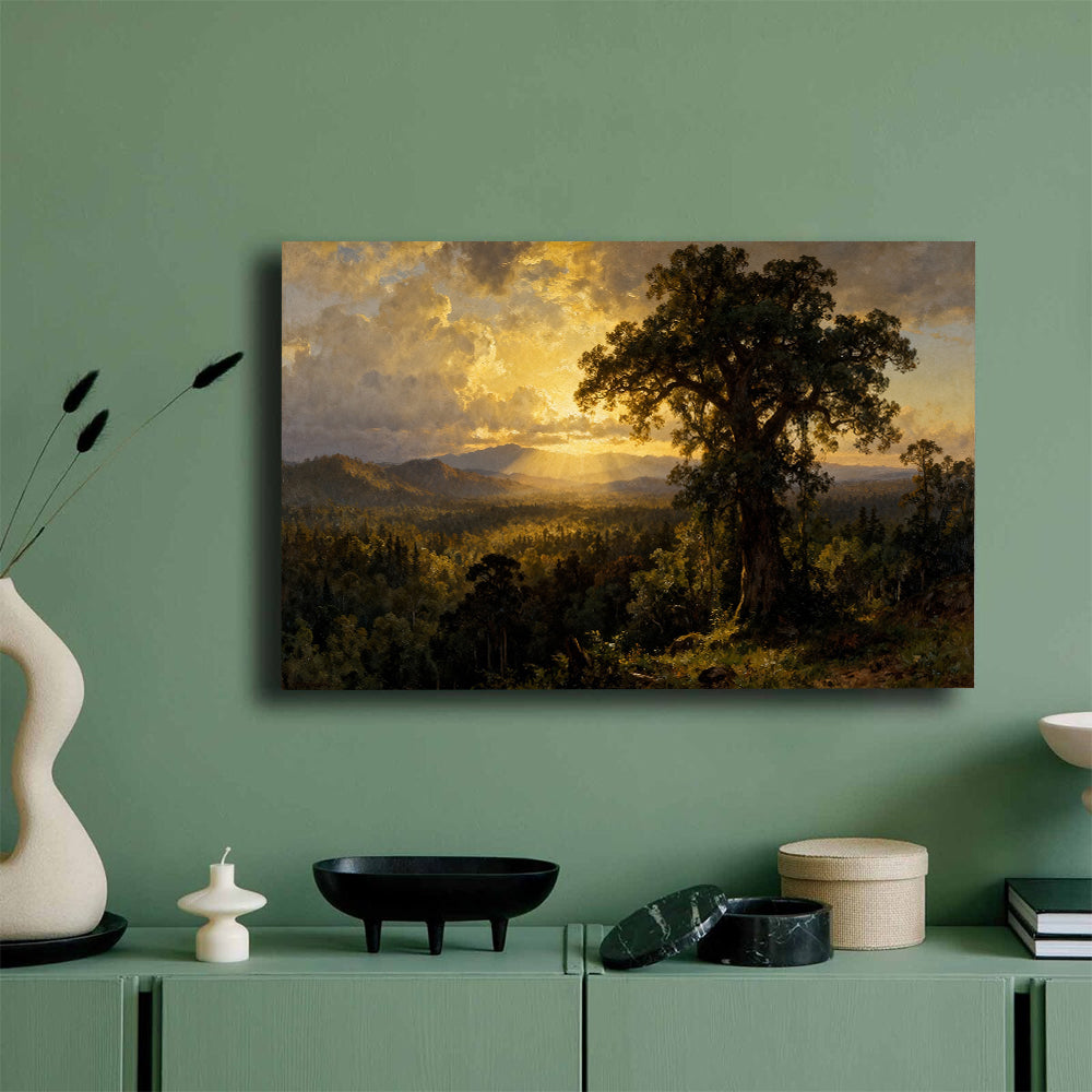 Golden Evening Oak canvas wall art, mockup on a green wall.