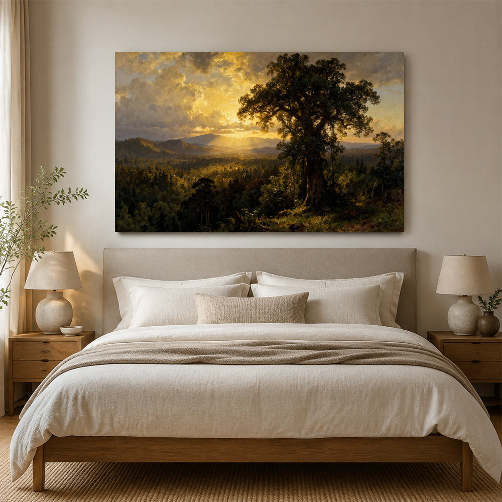 Golden Evening Oak canvas wall art, bedroom mockup above a bed.