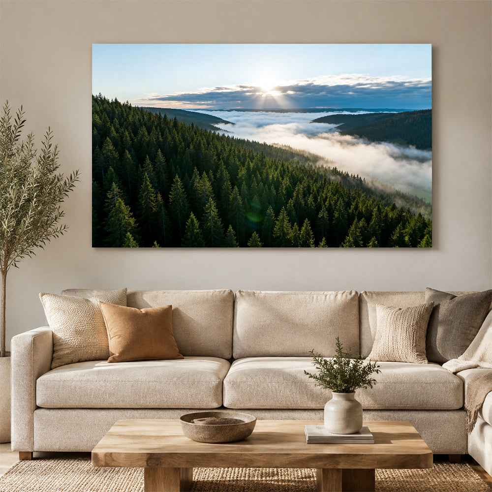 Evergreen Cloud Valley canvas wall art, living room mockup above a sofa.