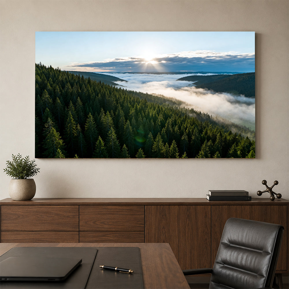 Evergreen Cloud Valley canvas wall art, office mockup above a desk.