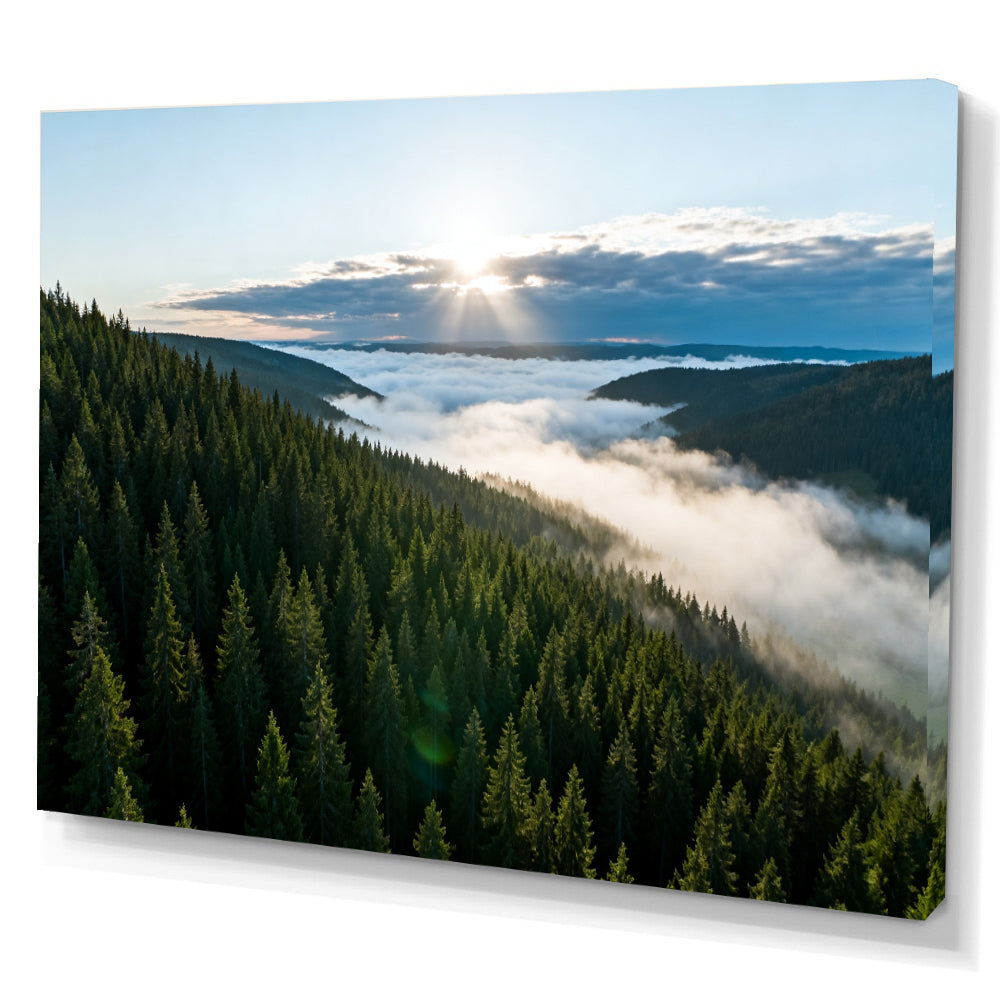 Evergreen Cloud Valley canvas wall art, angled canvas mockup on a white background.