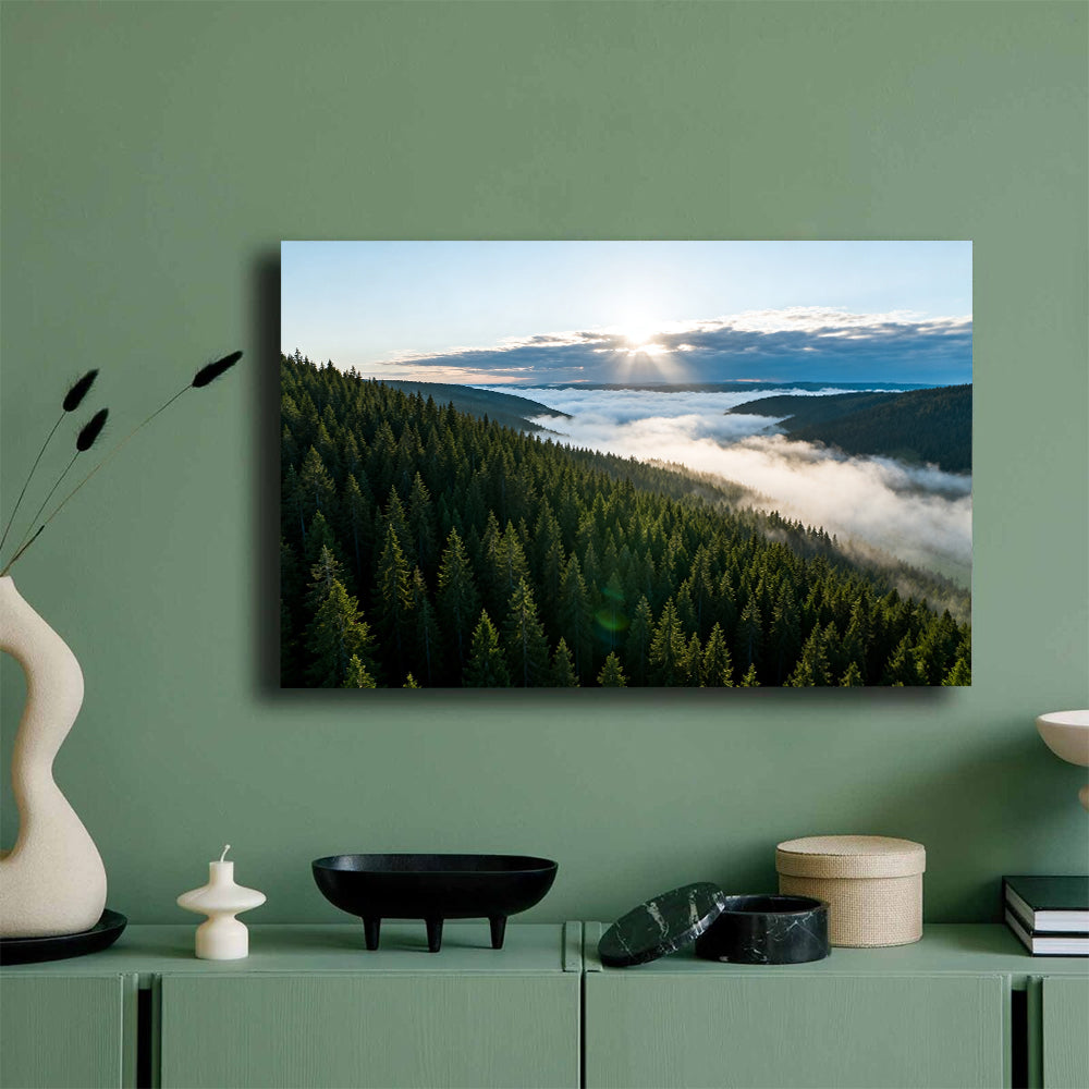 Evergreen Cloud Valley canvas wall art, mockup on a green wall.
