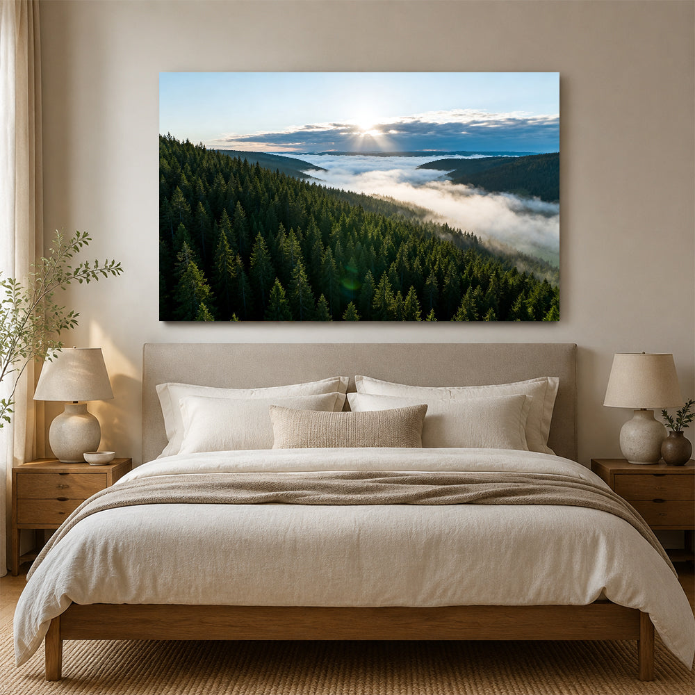 Evergreen Cloud Valley canvas wall art, bedroom mockup above a bed.
