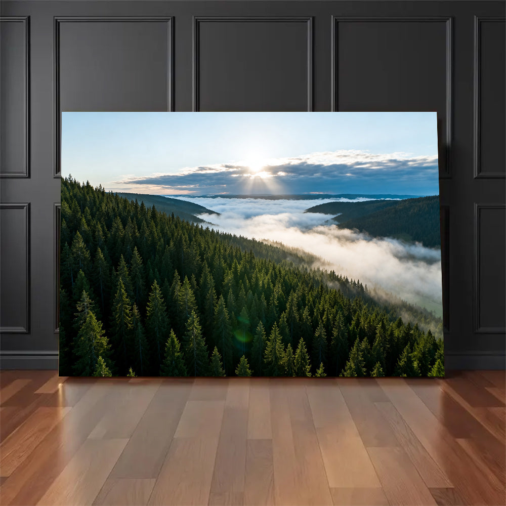 Evergreen Cloud Valley canvas wall art, floor display against a dark wall.