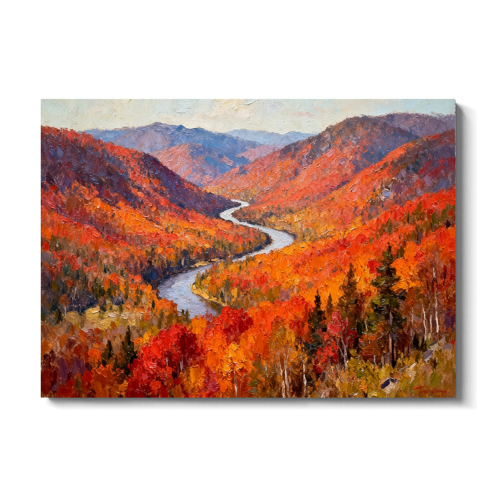 Crimson Woodland River canvas wall art, front view on a white background.