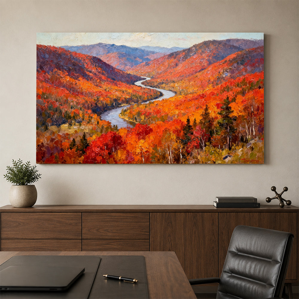 Crimson Woodland River canvas wall art, office mockup above a desk.